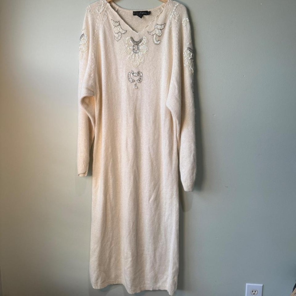 Vintage Work In Progress Sequin Angora Blend Cream Sweater Dress S/M